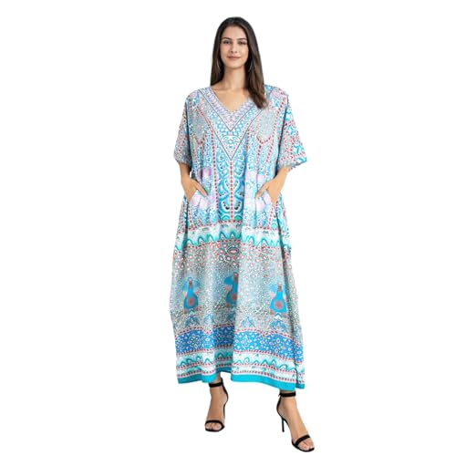 Image of Miss Lavish London Teal Ethnic Print Kaftan Dresses for Women V Neck Batwing Sleeve Beach Vacation Bikini Swimsuit Cover Ups, Plus Size African&Dubai Caftan Maxi Beach Dress with Side Slits-Teal-3XL