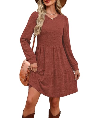 OFEEFAN Womens Long Sleeve Fall Dresses with Pockets Crew Neck Babydoll Casual Winter Dress 20253