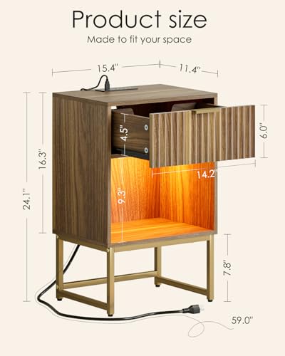 Image of Masupu Fluted Nightstand with Charging Station and LED Lights,Modern Night Stand Wood Bedside Table with Storage Drawer Side End Table for Bedroom,Office,Walnut Brown