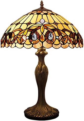 WERFACTORY Tiffany Style Table Desk Beside Lamp 24 Inch Tall Stained Glass Serenity Victorian Lamps Shade 2 Light Antique Resin Base for Living Room Bedroom Set W16 inch (S02116T01)