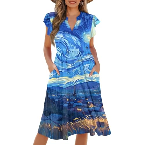 Image of Women's Casual Ruffle Sleeve Dress V Neck Pullover Dress Flowy A-Line Pleated Lightweight Dress with Pockets
