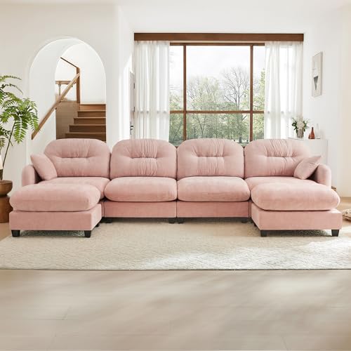 Image of KEIKI 140 inch U-Shaped Oversized Chenille Modular Sectional Sofa with 2 Ottoman, High-Density Foam Cushions, Tufted Pleated Cushion Backrest, Modern 4-Seater Couch with 2 Pillow, for Living Room, Pink