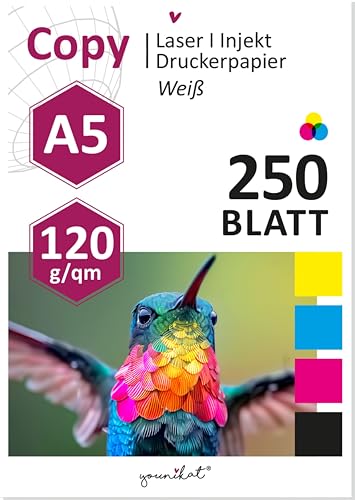 younikat DIN A5 Kopierpapier I 120 g/m² I 250 Blatt in weiß I Papier Blanko Rezeptpapier I zum Basteln I geeignet für alle gängigen Laser- und Tintenstrahldrucker I dv1550