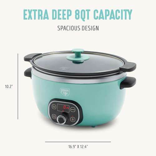 Image of GreenLife 8QT Slow Cooker, Non-Toxic PFAS-Free Ceramic Nonstick Removable Interior Bowl, Programmable, Family Friendly, Keep Warm, Stovetop & Oven Safe, Dishwasher Safe Crock, Glass Lid, Turquoise