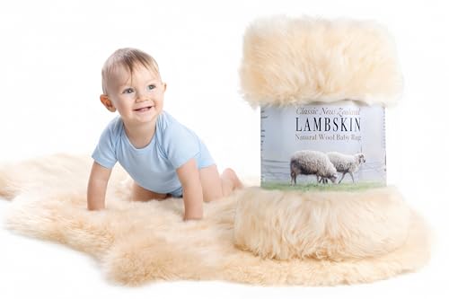 Image of Real New Zealand Lambskin Baby Rug | LRG 2x3 feet | Soft & Gentle Unshorn Baby Sheepskin Rug for Crib, Nursery & Travel | Natural Length Lambswool, Silky, Ethically Sourced, Oeko-Tex Certified