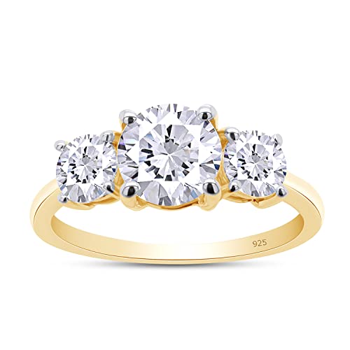 3-Stone 1.6 Carats VVS1 Clarity Brilliant Round Cut Lab Created Moissanite Diamond 18K Gold Plated 925 Sterling Silver Promise Ring for Women