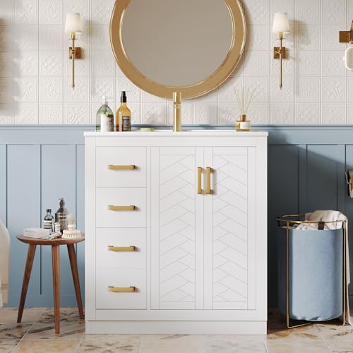 Yihomfy Meuble lavabo 76.5 cm avec Vasque en céramique, Petit Meuble sous-Vasque avec 3 Tiroirs et Rangement Caché, Étagères Latérales, Désign Simple...
