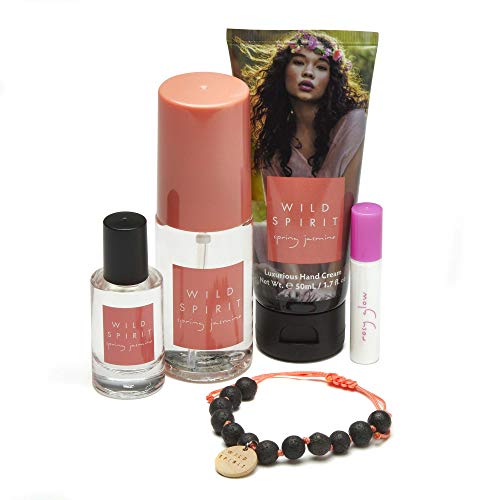 Wild Spirit Spring Jasmine Perfume Gift Set | Floral, Fresh Cruelty-Free Scented Hand Cream, Body Splash, Body Mist, Lava Bead Scent Diffusing Bracelet