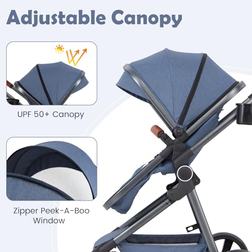 Image of INFANS 2 in 1 Baby Stroller, Newborn Convertible Stroller Bassinet for Infant, Foldable High Landscape Shock Absorption with Reversible Seat, Aluminum Structure for Toddler Pushchair 0-36 Month