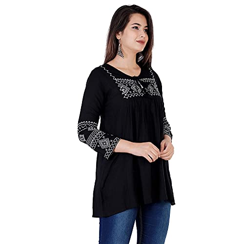 Image of Shiva Fab Short Kurti for Women | Embroidered Straight Rayon Kurta | Round Neck Full Sleeves Short Kurti for Women's