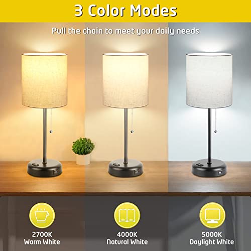 Kukobo Table Lamps Set Of 2 With Usb Port, Bedside Table Lamps For Bedroom Living Room Dorm Office, 3 Color Mode Pull Chain Nightstand Lamp With Linen Shape Desk Light, Ac Outlet 2 Blubs Included. #TOP1