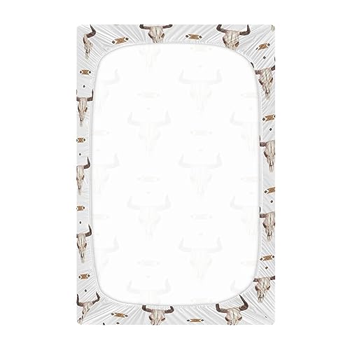 Image of Western Bull Skull Crib Sheets Soft Breathable Fitted Baby Playard Sheets Mattress Cover for Girl Boys, 39 inch x 27 inch x 5 inch