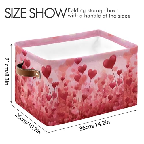 Image of Wamika Happy Valentine's Day Pink Storage Basket with Waterproof Liner and PU Handles Love Trees Heart Flowers Red Storage Boxes 14.2 inch Collapsible Decorative Baskets for Bedroom Closet Office 1 Pack