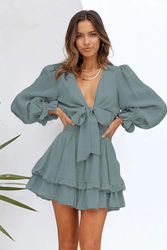 Image of AlvaQ Womens Spring Summer Knot Front V Neck Ruffles Long Sleeve Floral Print Swing Mini Dress, Medium