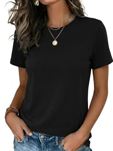 Zeagoo Womens Clothes Short Sleeve Tshirts Crewneck Summer Outfit Basic Tee Shirts Solid Black Tops Beach Fashion Trendy