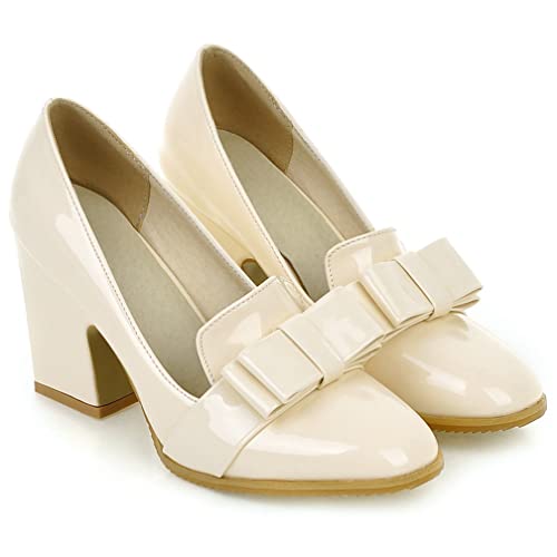 KISSASA Womens Patent Leather Chunky Heeled Bow Loafers Square Toe Block Heel Pumps3