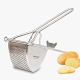 Kraftvolle Kartoffelpresse in dreieckiger Form mit feiner Rund-Lochung an 2 Seiten, zum schnellen Herstellen von Püree sowie zum Vor- und Zubereiten von Kartoffelkloß- und Gnocchiteig oder Stampfkartoffeln, geeignet für alle Gemüsesorten