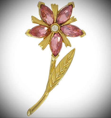 Brooch Pin Gold Tone Pink Rhinestone Flower 2