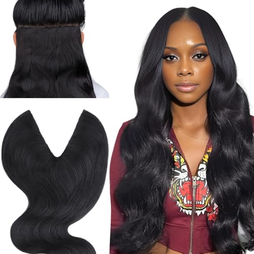 IDN BEAUTY V Part One Piece Clip in Hair Extensions Human Hair Combo Pack, Body Wave 20 Inch 130g 1pcs V Part and 2pcs Clip Ins For Black Woman Natural Black V Shape Lace Weft Seamless Invisible Edge