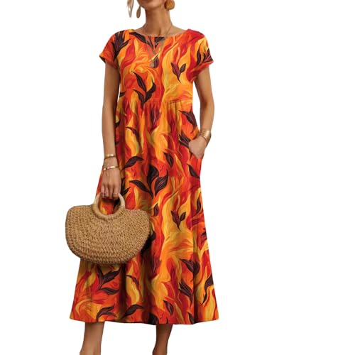 Womens Floral Boho Dresses with Pockets Short Sleeve Summer Beach Dress Crew Neck Casual Midi Dresses for Women