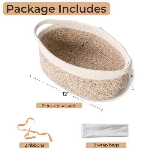 Image of Small Woven Gift Basket Empty - 12 inchx8 inchx5 inch, White & Brown, 2 Packs