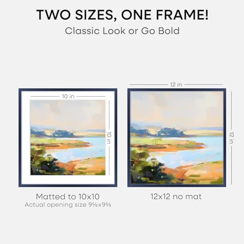 Image of Homeforia 12x12 Picture Frame Navy Blue, High End Metal 12 x 12 Square Poster Frame with Mat 10 x 10 Photo, 12x12 Frame Matted to 10x10 Print, 12by12 Hanging Frames, Tempered Glass, Wall Kit, Set of 2