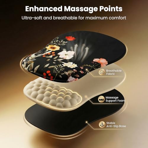 Image of Mouse Pad Wrist Support with Massage Design, Ergonomic Floral Mouse Mat, Pain Relief Memory Foam, Anti-Slip PU Base, Cushion Mousepad Wrist Rest for Gaming, Home, Office, Computer (Flower)