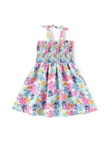 Disney Stitch & Angel Girls Dress Tropical Multi-Color Floral Print Bow Tie Straps Smocked Sundress Hawaiian Beach Kids Summer Outfit Clothes Size 8-9