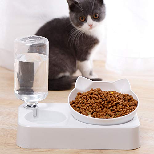 Hawiton Double Cat Bowls with Water Dispenser - Pets Water and Food Bowl Set, 15Â°Tilted Slow Cat Feeder Bowl with Automatic Waterer Bottle Spill Proof Bowl for Small or Medium Size Dogs Cats