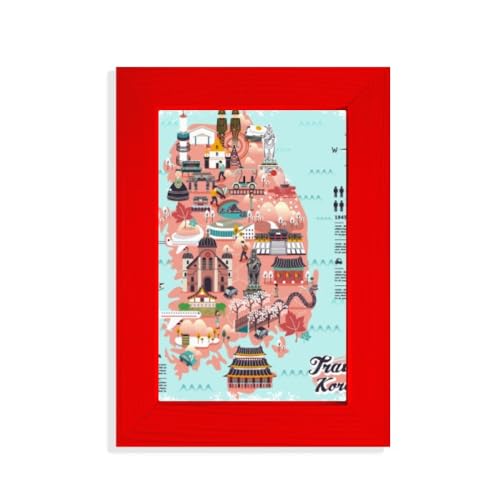 Carte Corée Art Déco rouge affiche encadrée design asiatique