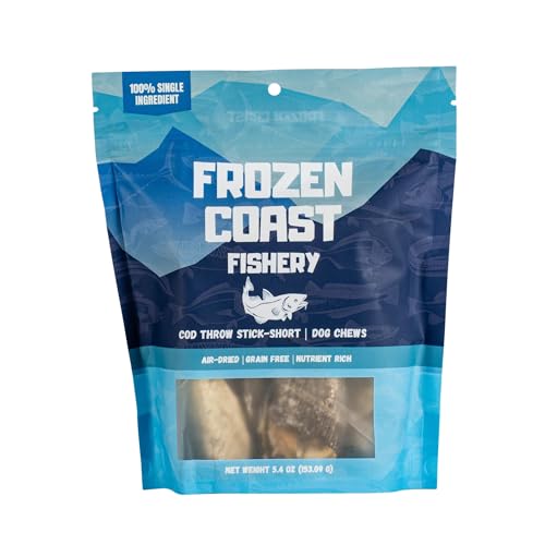 Frozen Coast Cod Throw Stick Short- Cod Skin Dog Chews-Wild-Caught, High-Protein, Omega-3 Rich, Grain-Free (5-Pack)