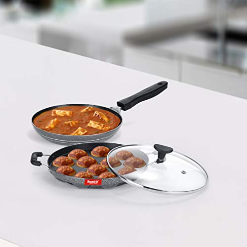 Image of SUMEET Aluminium NonStick Striae Bro Cookware Set (Silver , Tapper Pan - 0.6Ltr - 20Cm, Grill Appam Patra with Glass Lid - 12 Cavity - 22cm Dia)