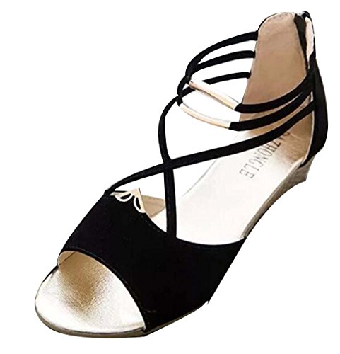 Girllike Metal Ring Low Wegde Sandal with Strappy Ankle Wrap