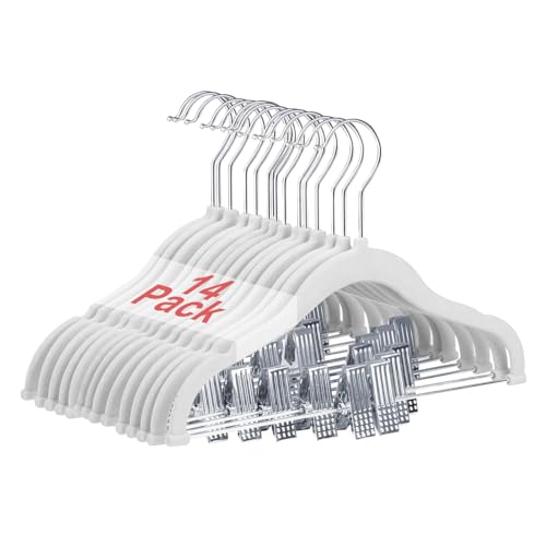 Wellong Appendiabiti per Bambini con clip, 30cm Grucce per Bambini con Ganci Girevoli a 360°, Grucce di Velluto Antiscivolo per Camicie, Pantaloni, Gonne, Abiti, Giacche, Cappotti 14 Pezzi (Bianco)