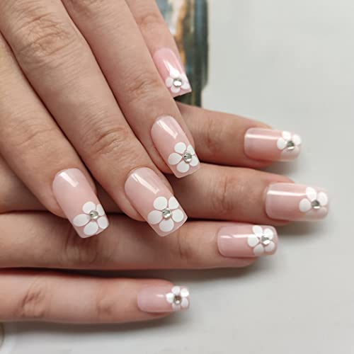 Brinote Square Fake Nails Flower Pink Press On Nails Medium Length False Nails Glossy Acrylic Nails Crystal Full Cover Nails With Design Party Fingernails Manicure Nails Tips Clip On Nails For Women And Girls（24Pcs） (Pink) (Pink) (Pink Flower) #TOP4
