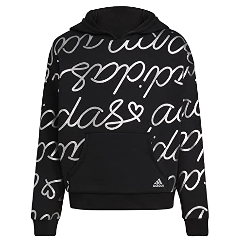 adidas Allover Print Fleece Hooded Pullover Kids', Silver on Black, Medium