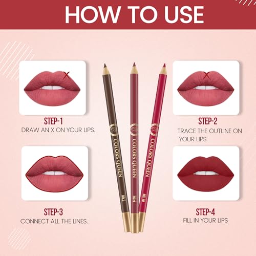 Image of Colors Queen Matte Lip Liner Pencil Combo Pack of 3 | Non Transfer Formula For Professional Makeup | Lip Liner Pencil Waterproof (Pack of 3 Combo 6)