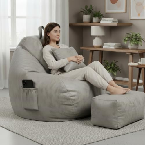 Image of KAM'S LIEU 5XL Premium Imported Suede Bean Bag Chair with Footrest & Cushion | Filled with High Density Polystyrene Beans | Premium Soft Fabric | Ready to Use Color- (Grey, 5XL)
