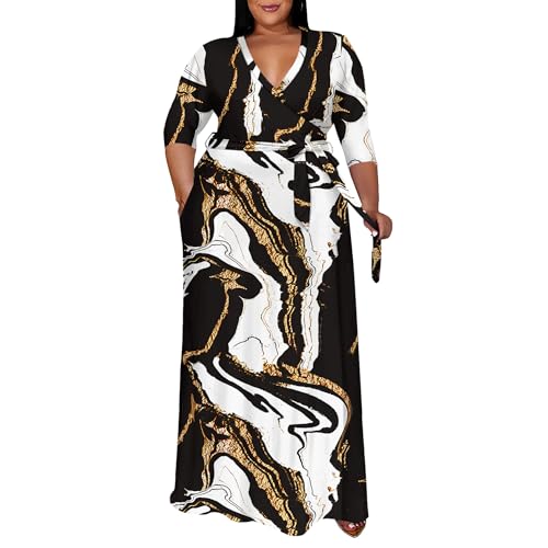 Image of Runwind Plus Size Dress for Women - 3 /4 Sleeve V Neck Maxi Dresses for Women (XL-6XL)