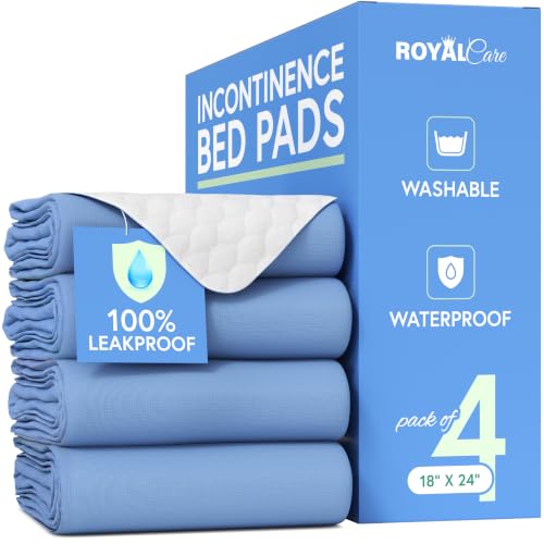 Image of Incontinence Bed Pads - 18x24 | Cotton Blend | Washable Bed Pads for Adults, Children, Pets and Seniors Waterproof | Pack of 4, Blue, by Royal Care