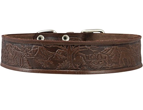 Genuine Tooled Leather Dog Collar Hunting Pattern Brown 3 Sizes (Neck Circumf: 13"-17"; 1.2" Wide) #TOP2