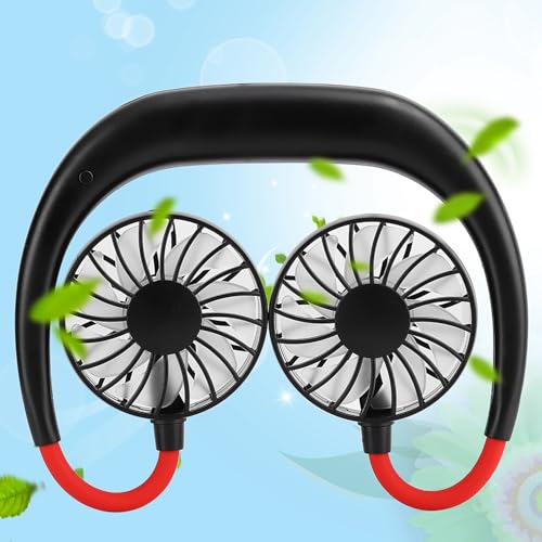 Ventilador USB portátil de cuello colgante perezoso, ventilador personal de manos libres con banda para el cuello con 3 velocidades 4-12 horas de tiempo de trabajo para viajes de oficina(Negro-Rojo)