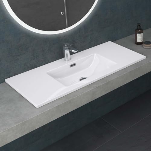 Mai & Mai Lavabo Empotrado sobre Encimera Baño Lavabo | Rectangular | Blanco Brillante | Mármol Fundido | 100x48x12cm | con Orificio para Grifo con Rebosadero | Colossum02