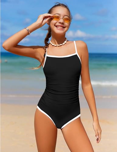 WIQI Girls Swimsuit One Piece Bathing Suit Color Contrast Trim Girls' Swimwear with Cover Up Skirt Size 9-162