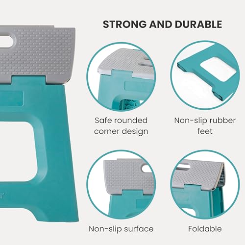 Image of Vigar Compact Step Stool Foldable, 10-1 /2-inch Step Stools for Adults up to 330 Pound, Lightweight Stool, Non-Slip Folding Step Stool, Turquoise