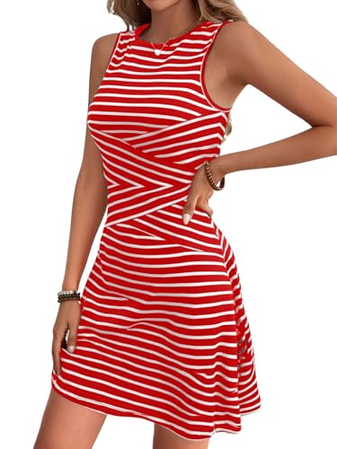 Verdusa Women's Casual Dresses 2025 Sleeveless Striped Mini Dress High Waisted A Line Bodycon Dresses