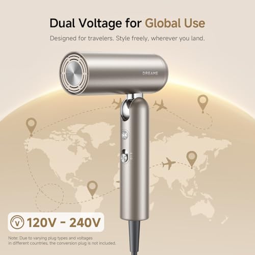 Image of Dreame Pocket Pro Hair Dryer, Dual Voltage Travel Blow Dryer with Diffuser, 1300W Professional HighSpeed Ionic Hair Blower, Fast Drying, Low Noise, Lightweight, No Heat Damage, Global Travel 120V /240V