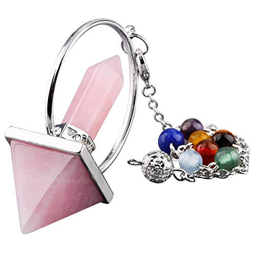 TUMBEELLUWA Healing Crystal Quartz 7 Chakra Pendulum Dowsing Gemstone Divination Reiki Stone,Rose Quartz