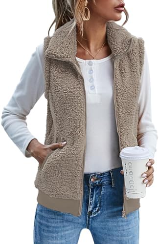 IECCP Teddy Fleece Weste Damen Warme Ärmellose Weste für Herbst und Winter Teddyjacke Lässig und leicht Damenweste Herbstmantel mit Stehkragen