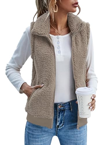 IECCP Damen Fleece Weste Jacke Standkragen Ultraleicht Outdoor Westen Tops mit Taschen Reißverschluss Gilets Damenweste(Kamel,S)